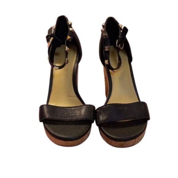 Marc Fisher 8.5M Black Leather Wedge Sandals Cork Heel Studded Ankle Strap - Picture 7 of 10